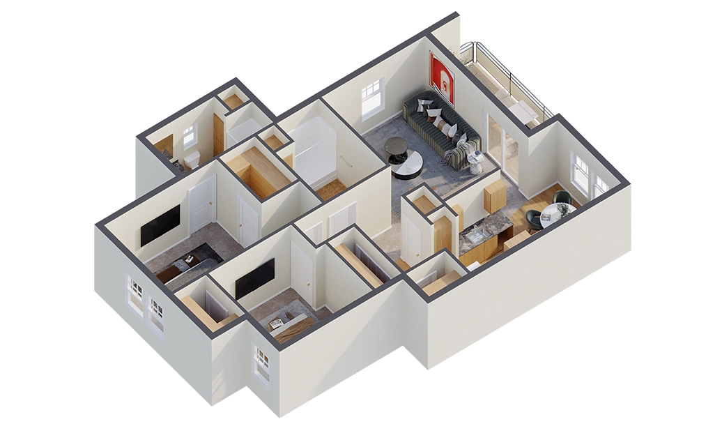 White-style 3D dollhouse floor plan with the ceiling removed