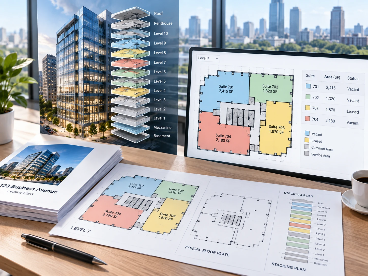 Stacking plan and leasing floor plan for a multi-tenant building