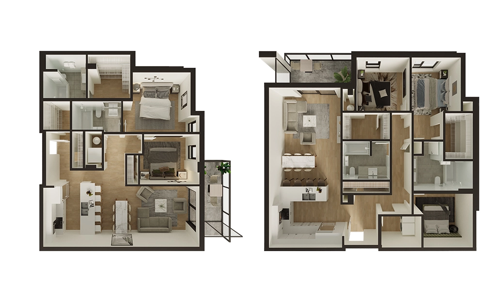 3D dollhouse floor plan in a white finish, cutaway view